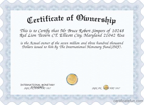 Certificate Of Ownership Template