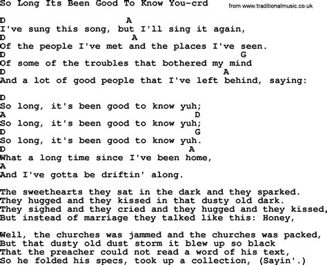 Woody Guthrie song - So Long It's Been Good To Know You, lyrics and chords