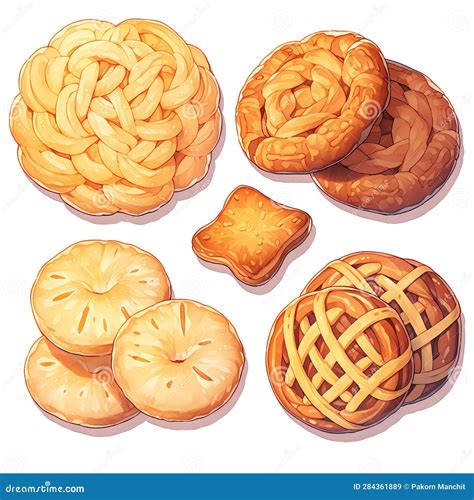 Set of Danish Butter Cookies Macro Cutout. Five Whole Pretzel, Round and Rectangular Shortbread ...