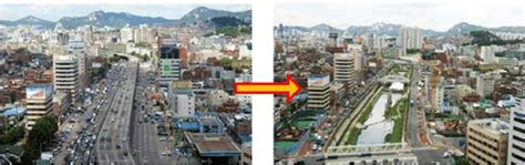 The before and after image of the Cheonggyecheon canal showing how the ...