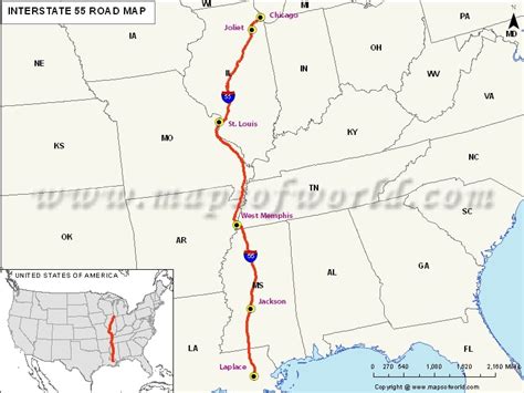 US Interstate 55 (I-55) Map - Laplace, Louisiana to Chicago, Illinois