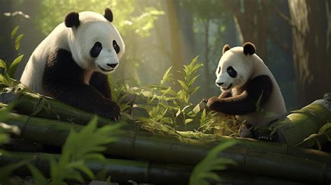 Premium AI Image | Playful Pandas Amidst Bamboo Forest