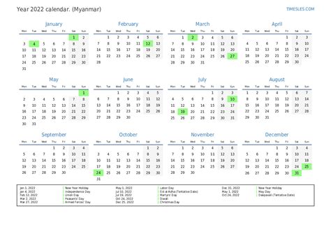 Calendar for 2022 with holidays in Myanmar | Print and download calendar