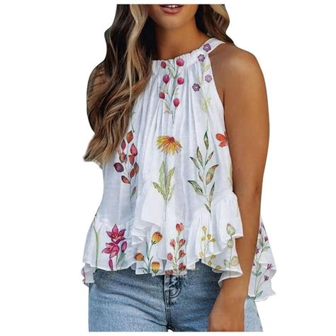 Umfun - UMfun Women Summer Blouses Halter Neck Tank Tops Floral Sleeveless Shirt Pleated Casual ...