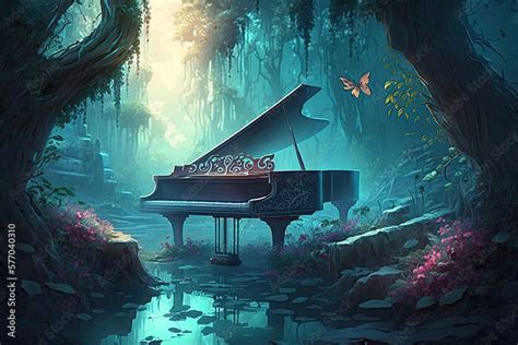 Beautiful piano in a magical fantasy landscape, colorful music ...