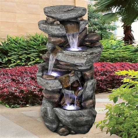 SunJet 5-stöckiger Outdoor-Wasserbrunnen mit LED-Lichtern – 102 cm Felswasserbrunnen für Haus ...