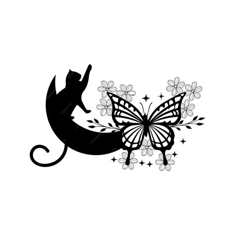 Premium Vector | Black cat and butterfly silhouettes on a white background