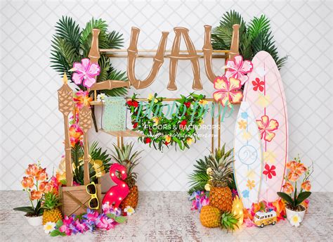 Hawaiian Tiki Torches Photography Backdrop, Aloha, Luau, Flowers, Floral, Palm, Leaves ...