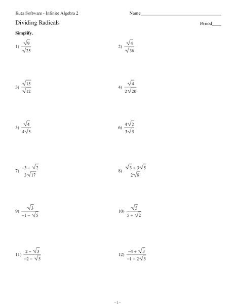 Dividing Radicals Worksheet for 9th - 11th Grade | Lesson Planet