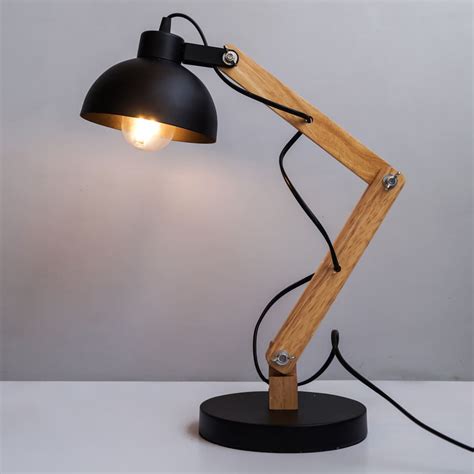 Mid-Century Essential Desk Lamp In Black Metal And Wood