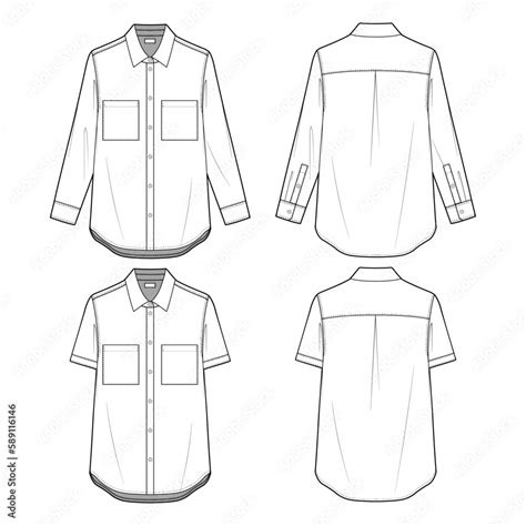 Technical vector sketch of relaxed-fit button-down shirt design ...