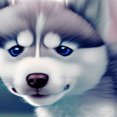 Cute Fluffy Baby Husky with Dreaming Blue · Creative Fabrica