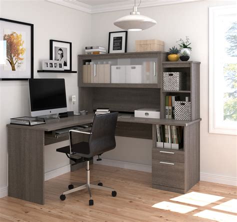 L-shaped Office Desk and Hutch with Frosted Glass Doors in Bark Gray ...