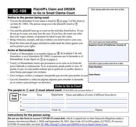 SC-100. Plaintiff's Claim and ORDER to Go to Small Claims Court | Forms - Docs - 2023