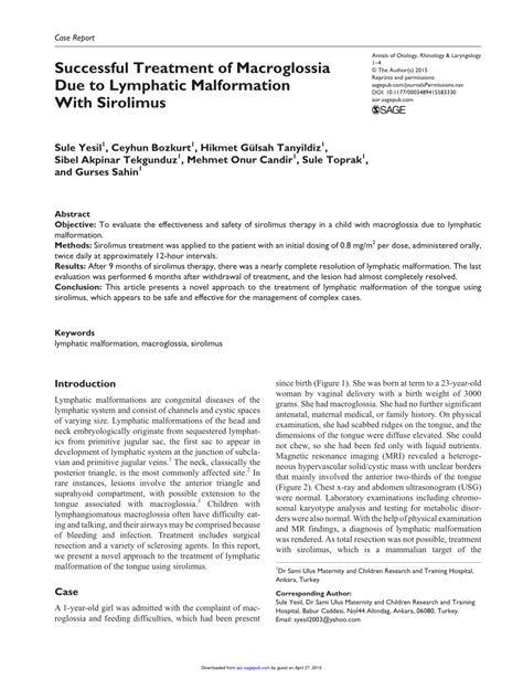 (PDF) Successful Treatment of Macroglossia Due to Lymphatic Malformation With Sirolimus