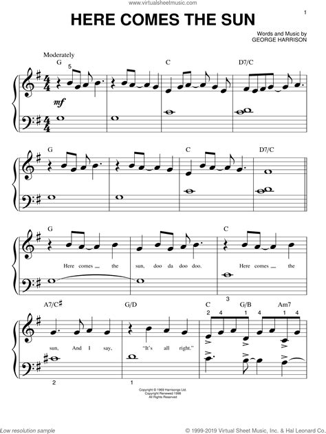 The Beatles Here Comes The Sun Sheet Music Notes, Chords Download Printable Piano Solo PDF Score ...