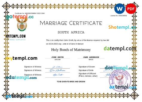 South Africa marriage certificate Word and PDF template, completely editable