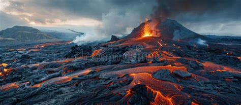 Volcano Erupting with Lava Flow Stock Image - Image of lava, magma ...