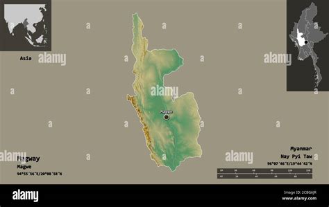 Shape of Magway, division of Myanmar, and its capital. Distance scale, previews and labels ...