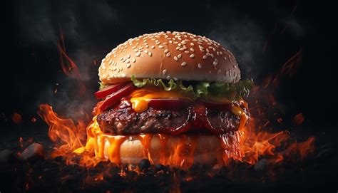 Premium AI Image | Delicious burger with fire flames