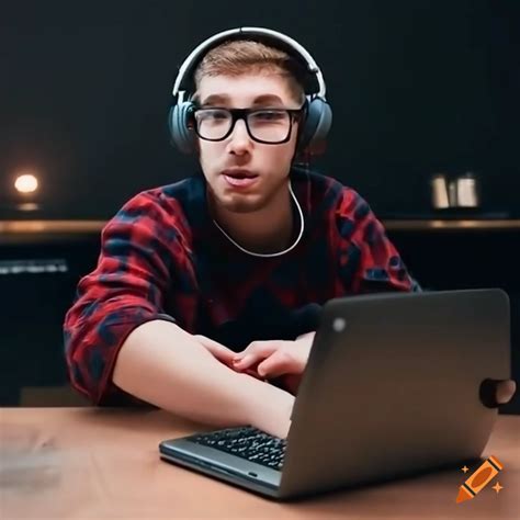 Youtuber sitting at a desk wearing headphones on Craiyon