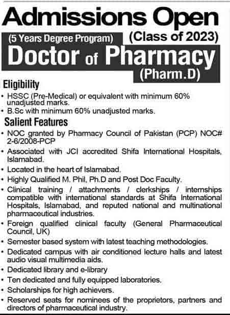 Shifa College of Pharmaceutical Sciences Admission 2024 Fee Structure