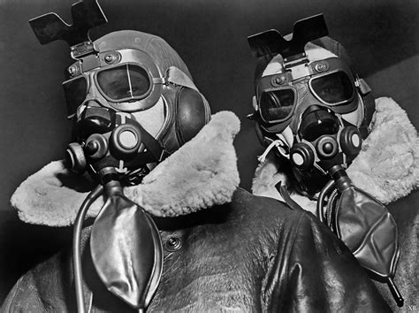 Pilots of American 8th Bomber Command wearing high altitude clothes, oxygen masks and flight ...