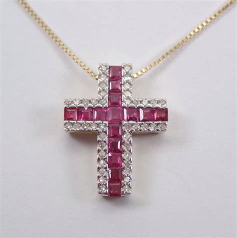 Diamond and Ruby Cross Pendant Necklace 18 Chain 14K Yellow Gold Religious Charm