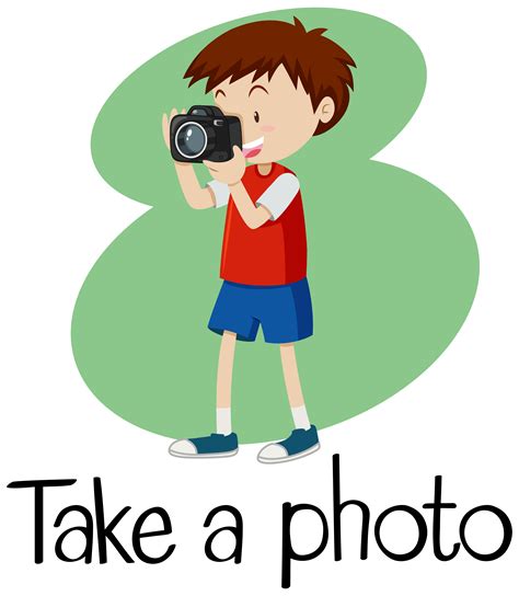 Wordcard for take a photo with boy taking photo with camera 292380 Vector Art at Vecteezy