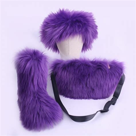 Purple Faux Fur Boots with Matching Fur Headband and Waist Bag Set