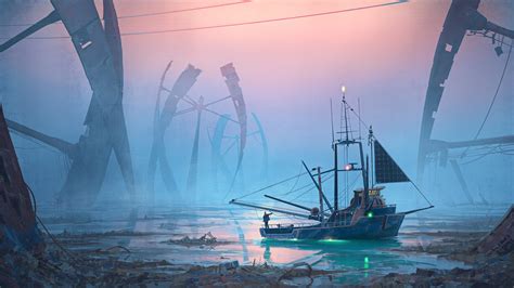 Wallpaper : digital art, science fiction, Simon Stalenhag, boat ...