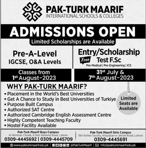 Pak-Turk Maarif International Schools and Colleges Admissions Now Open For FSc (Pre-Med, Pre-Eng ...