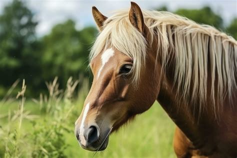 AI generated Brown horse with blond hair eats grass on a green meadow ...