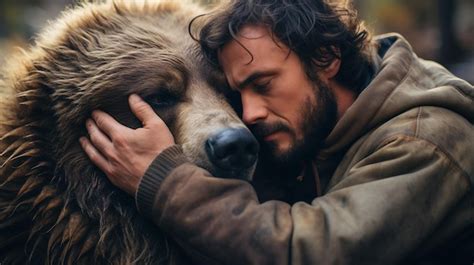 Premium AI Image | Man hugging grizzley bear