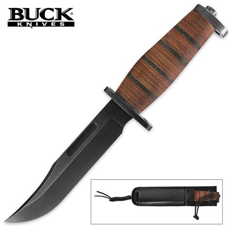 Buck Brahma Fixed Blade Combat Knife Stacked Leather Handle | BUDK.com - Knives & Swords At The ...