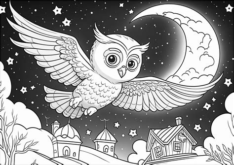 Starry night with owl and moon - Owls Kids Coloring Pages