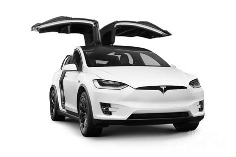 White 2018 Tesla Model X luxury SUV electric car with open falcon wing doors Photograph by Awen ...