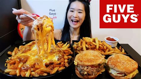 CHEESIEST FIVE GUYS FEAST! Bacon Cheeseburger & Chili Cheese Cajun Fries Recipe - Mukbang w ...