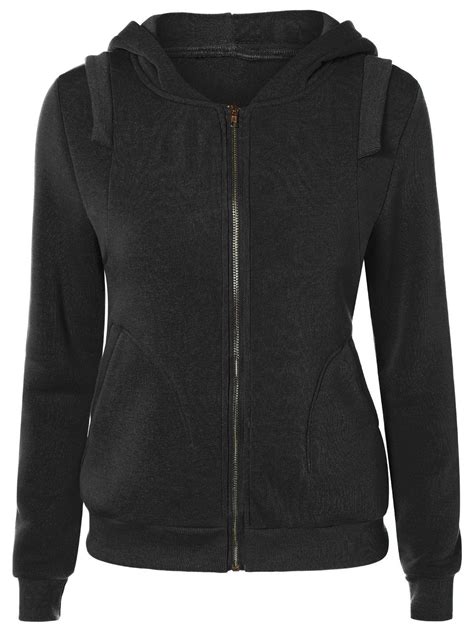 [41% OFF] 2021 Zip Up Pockets Embellished String Hoodie In BLACK | DressLily