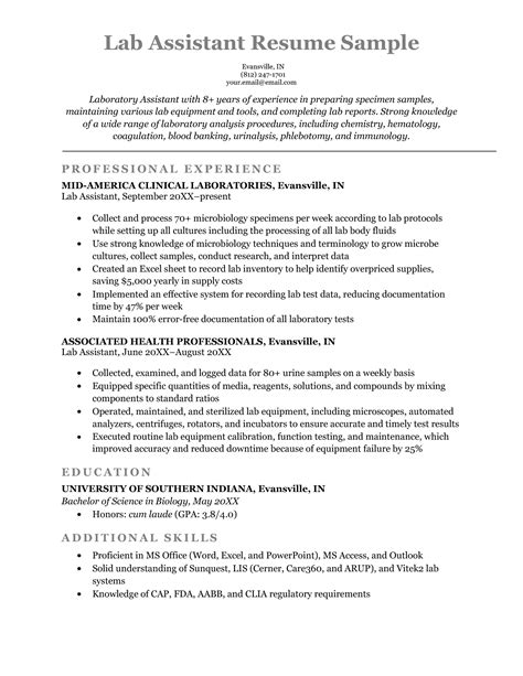 Laboratory Assistant Resume Sample