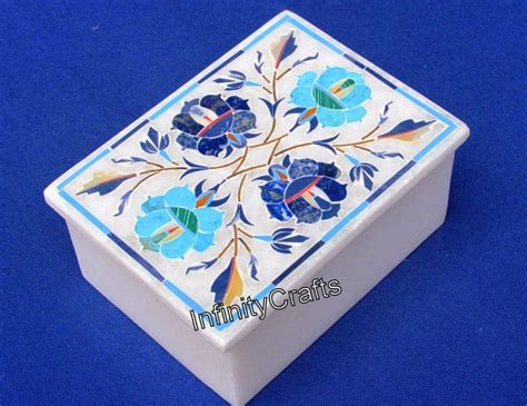 4x3 Inches White Marble Jewelry Box Multicolor Gemstone Inlay Work ...