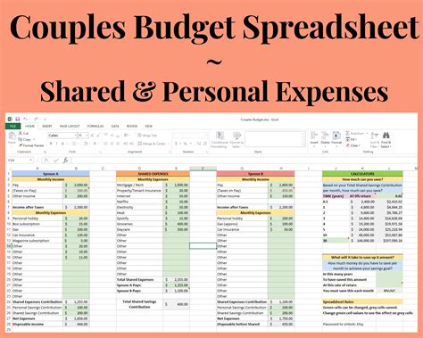 Couples Budget Spreadsheet With Monthly Shared & Personal | Etsy