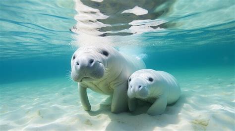 Premium AI Image | Mother Dugong Teaches Baby Dugong to Swim