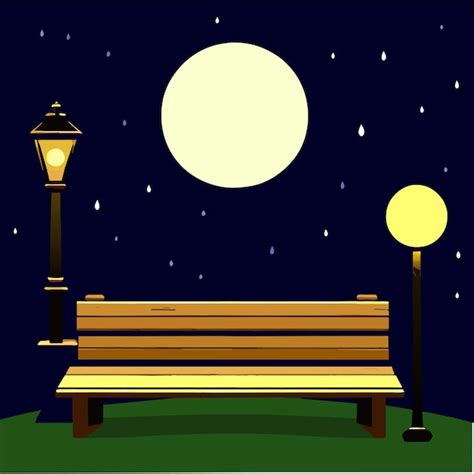 Premium Vector | Night scene with wooden bench and tall lamp with ...