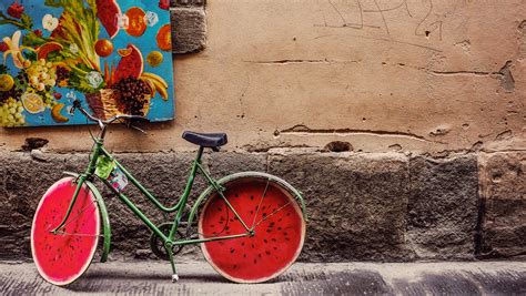 Free Images : fruit, flower, bicycle, bike, wall, red, vehicle, color, italy, watermelon, art ...