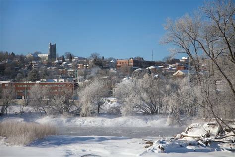 Sherbrooke Downtown Quebec Canada, Winter Landscape Cold Temperature Frozen River Mist and Fog ...