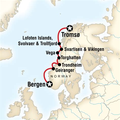 Map of the route for Cruise the Norwegian Fjords - Tromsø to Bergen | Tromso, Travel tours, Trip