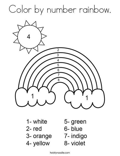 Color by number rainbow Coloring Page - Twisty Noodle | Preschool worksheets, Rainbow colors ...