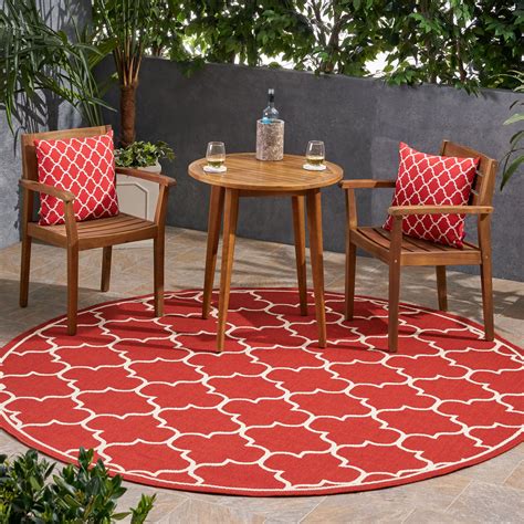 GDF Studio Vivian Outdoor 7'10" Round Trefoil Area Rug, Red and Ivory ...