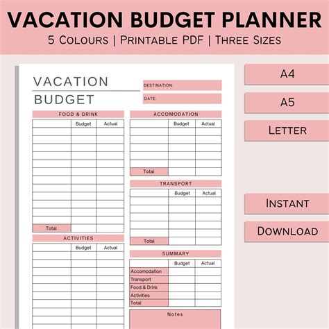 Vacation Budget Planner Printable Holiday Spreadsheet Budget Log Travel Expense Tracker Trip ...